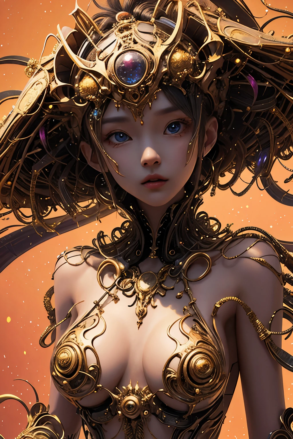 Woman naked with futuristic glass mechanical wings, only in gold body jewlry float in air like cyberpunk fairy, flying on the jungle, ultra Detailed face, ((flying girl)), ((flying on the się, above the green wild jungle)) ((girl flying in the sky on the futuristic)), She flying, flying like cyberpunk fairy, Highly Detailed Face and Skin Texture, big green eyes, juicy lips, bimbo lips, white skin, pale skin, fair complexion (very curly Black hair), (pale skin), Detailed Eyes, Double Eyelids, wet curly black hair, gold metal cyberpunk tapes, metal Collar, metal gold futuristic ((vaginal piercing)), gold jewelry on wet body, wet skin. She is naked, puffy medium breast, gold substance on the naked breast, naked, White skin, she is on the futuristic cyberpunk flying disc drone in the jungle, futuristic cyberpunk pilot helmet on head. Piercing in the nose. (Full body), ((dynamic posture))