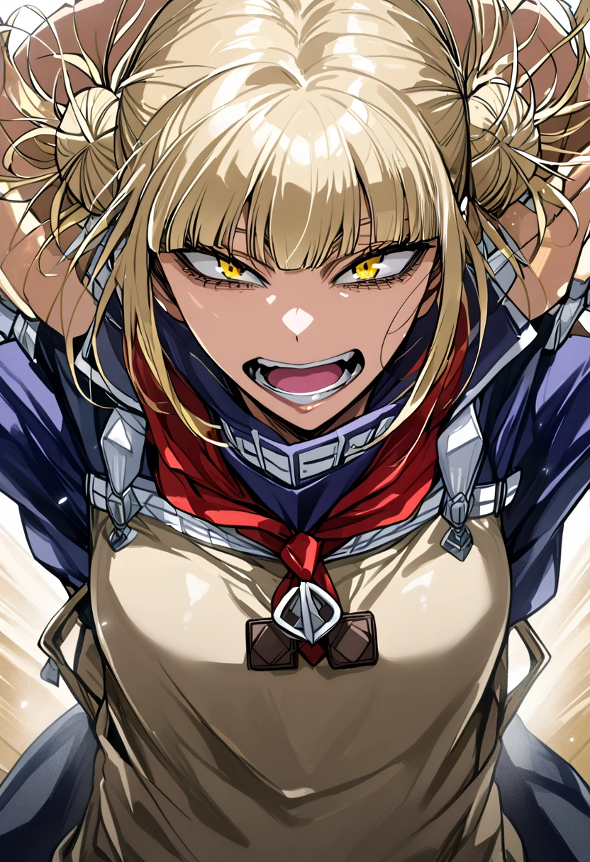 masterpiece,supper fine illustration, toga himiko,  1 girl in uniform,  Double Bang ,  Yellow Eyes ,  blonde hair ,  wide open mouth, ,  school uniform, tooth,  watches viewers, smile, Butchoukami ,  sailor suit, Blue sailor collar,  white background , side lock, clavicle, (( shows the whole body)),  simple background,  Red Neckerchief , teeth, I narrowed my eyes., Jumping and falling,