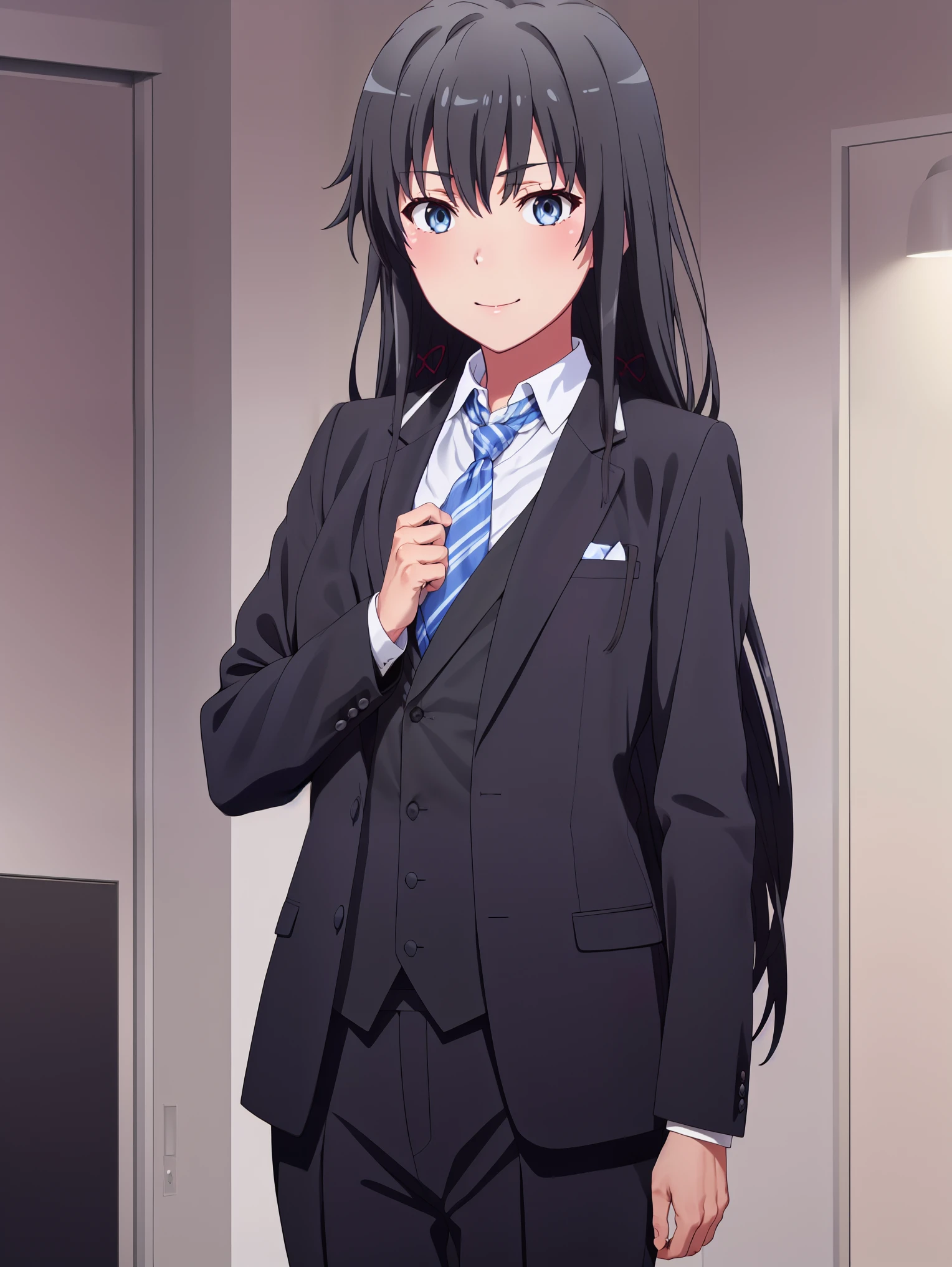 1GIRL , ,yukinoshita yukino ,yukinoshita yukino , woman in formal attractive suit tuxedo tailcoat standing in a large alcove in the room, 1girl, solo, necktie, black hair, blue eyes, long hair, smile, jacket, looking at viewer, shirt, pants, blue necktie, collared shirt, white pants, white shirt, indoors, bangs, long sleeves, closed mouth, window, black jacket, blush, cowboy shot, formal, suit