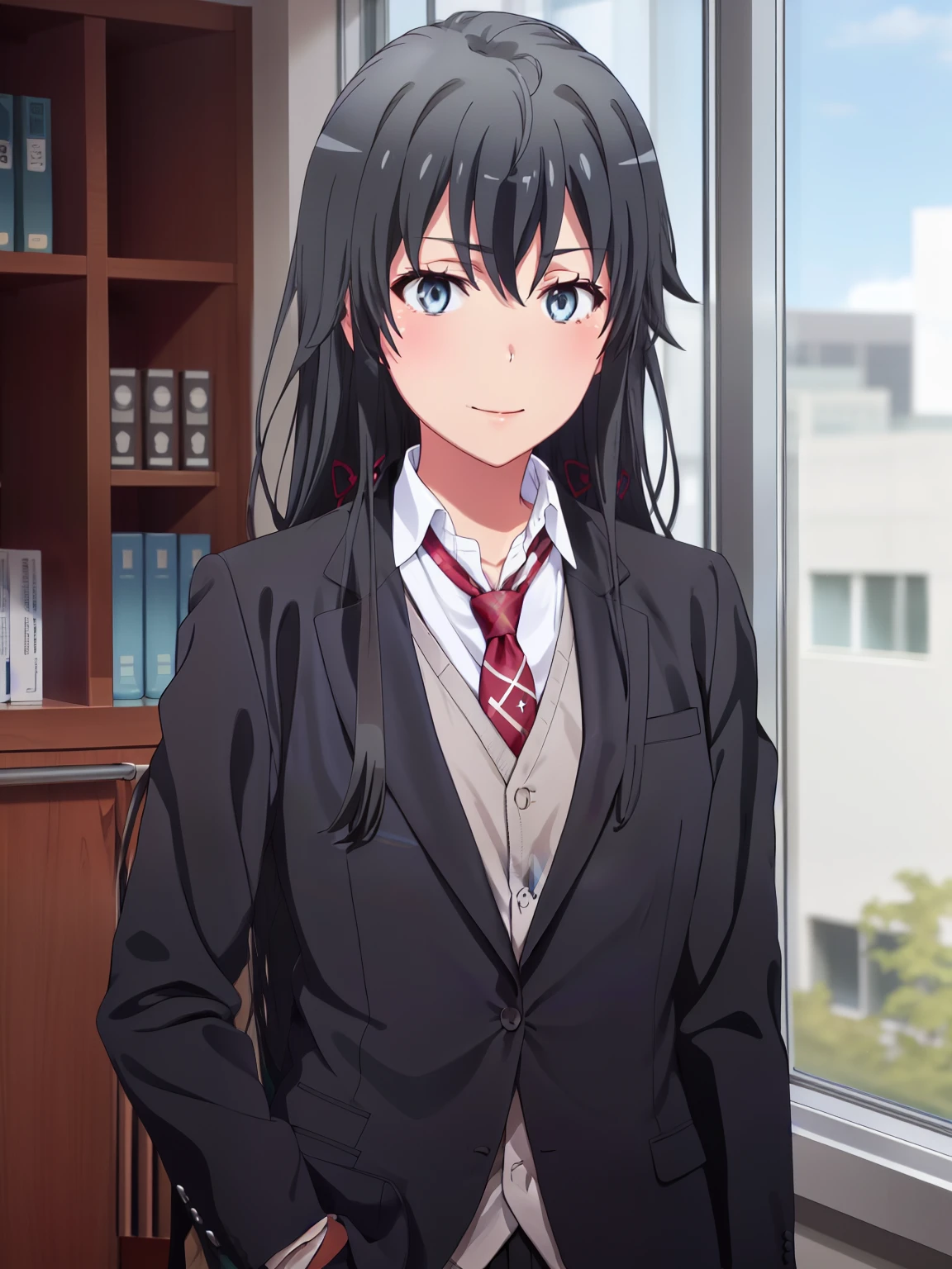 1GIRL , ,yukinoshita yukino ,yukinoshita yukino , woman in formal attractive suit tuxedo tailcoat standing in a large alcove in the room, 1girl, solo, necktie, black hair, blue eyes, long hair, smile, jacket, looking at viewer, shirt, pants, blue necktie, collared shirt, white pants, white shirt, indoors, bangs, long sleeves, closed mouth, window, black jacket, blush, cowboy shot, formal, suit