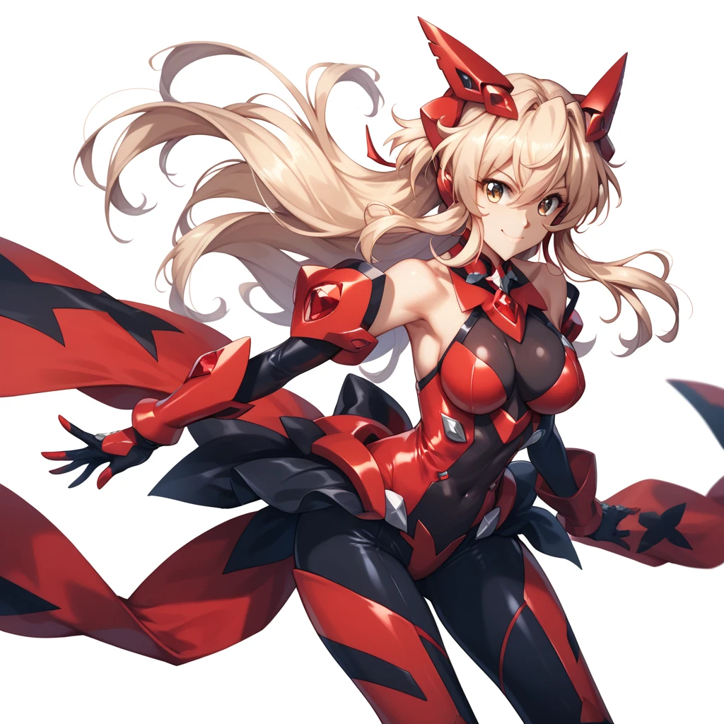 Mecha style maigcal girl, long blond hair, red eyes, her outfit is a white coloured magical girl leotard with the rest of her body covered in crimson coloured mecha style armor, UHD, masterpiece, high details, super detail, high quality, best quality, full body in frame