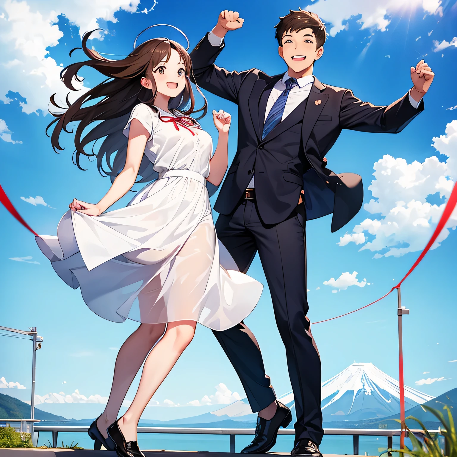 Best picture quality, highest quality, 1080p, 8K, masterpiece, first class, (perfect face), front, blue sky and white clouds behind Mt. Fuji, two men and two women in suits waving one hand upward, smiling and celebrating, men in their 30s, women in their 20s, brown hair, dark blue suit, clear horizontal plastic with red string from neck toFists clenched, full body, successful, business casual, mouth wide open, big smile.man and woman, full-body, successful, business casual, mouths wide open, full smiles.full-body, successful, business casual, mouth wide open, big smile.employee ID card in a clear horizontal plastic with a red string around his neck, fists clenched, full body, successful, business casual, mouth wide open, big smile.employee ID card in clear horizontal plastic with red string around neck, fists clenched, full body, successful, business casual, mouth wide open, big smile