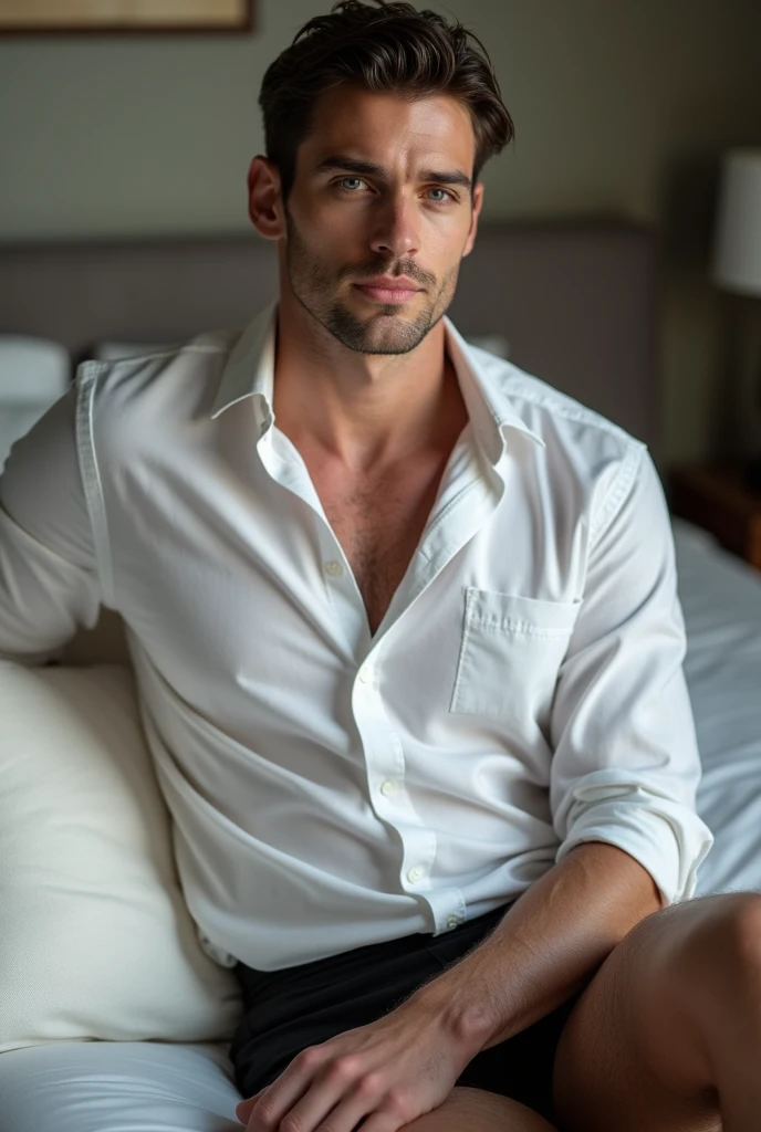 makes an image of a white man, model type, at 39 years old, dark hair, blue colored eyes, no fur, shirt branca, swim suit, lying on a hotel bed