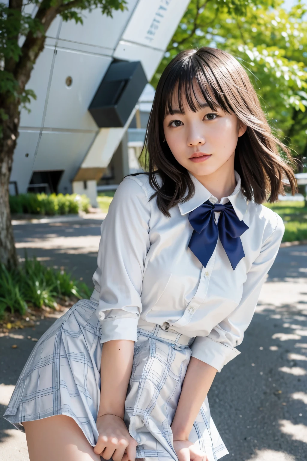 realistic , photo- realistic , masterpiece, top quality, RAW photos , high definition , intricate details, very detailed , cinematic lighting, Portraits, Alone, 1 girl in uniform, Japanese woman with a viewing angle of, pale skin, ( detailed face , detail eyes, A sophisticated nose), white blouse , plaid skirt , ( skirt tag, Pull clothes , wind, wind lift:1.5), Photo Backdrop , outdoor, Erection under clothes