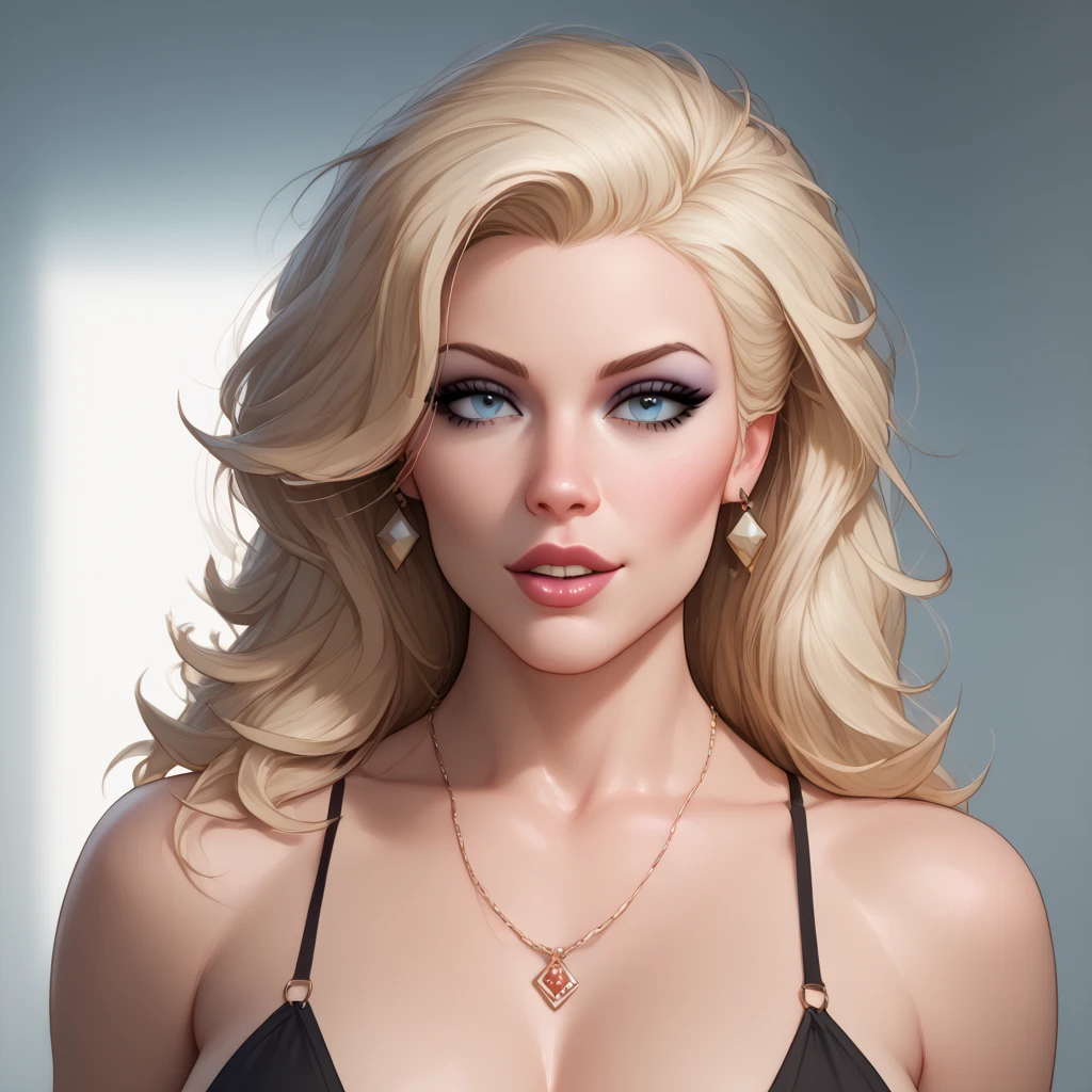 score_9, score_8_up, score_7_up, score_6_up, score_5_up, score_4_up, mei mei , blue eyes, white wavy hair, large breasts, necklace,big oversized hoops earrings ,red lipstick , detailed eyes , big saggy breasts , cleavage , black bikini