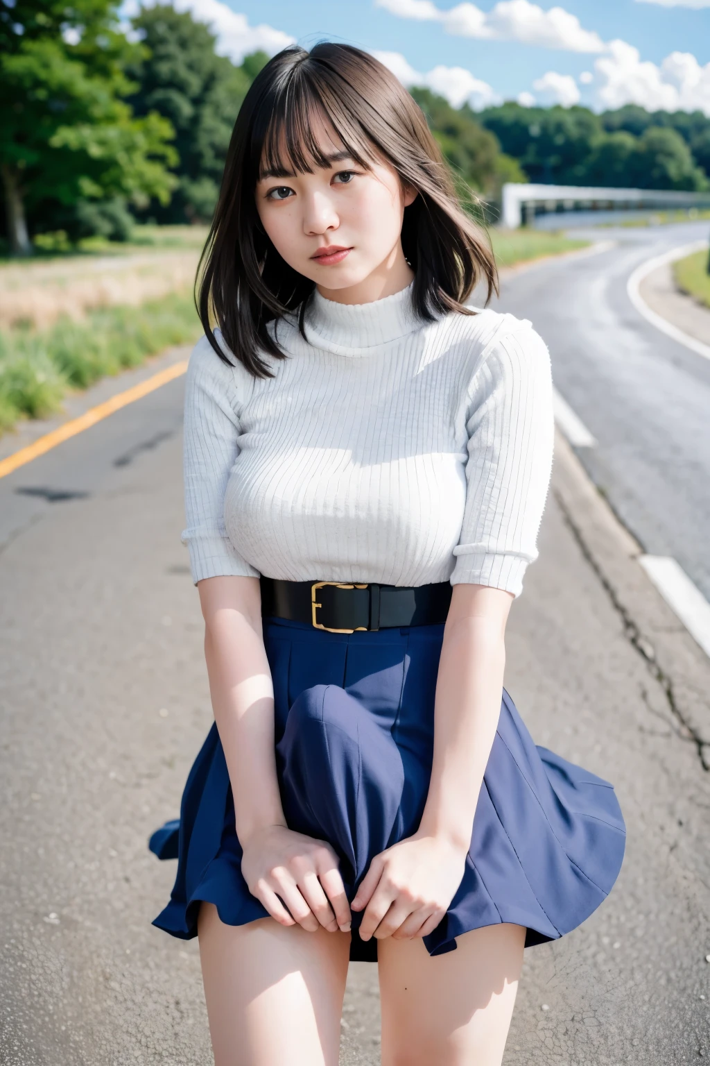 Arafed asian woman in a skirt posing on the side of the road - SeaArt AI
