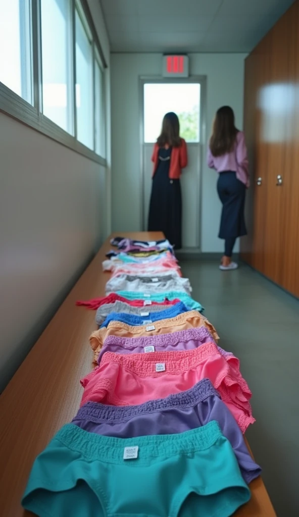 16K quality， ultra-realistic，panoramic，Women's underwear of different colors is placed on the bench in the ， bathroom in an unmanned dressing room， sexy underwear，Above is a window 。At the end, a group of vague girls wearing few clothes walked out the door on the right。