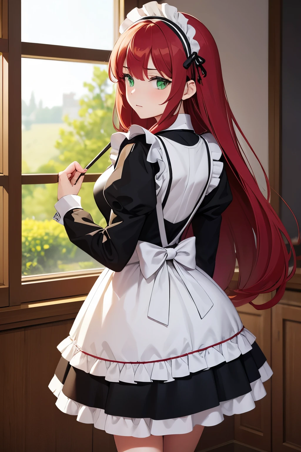 A beautiful and diligent maid with long, flowing red hair that cascades down her back, contrasting with her bright green eyes that shine with a kind and gentle expression. She wears a classic maid outfit, consisting of a black dress with a white frilly apron and a lace headband. The outfit is impeccably neat, highlighting her attention to detail and her commitment to her duties. Her posture is graceful and poised, embodying the elegance of a well-trained maid. Her green eyes seem to convey both warmth and a quiet strength, giving her a sense of calm authority. The background is a cozy, well-kept room, with a warm, inviting atmosphere, further emphasizing her role as a caretaker.