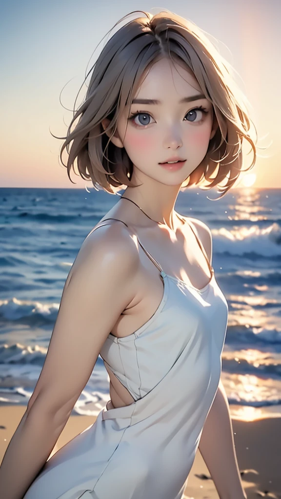 one girl, ***** face, cute face, ash gray hair:1.5, bob hair, short hair, camera's line of sight, small breasts, An ennui look, (((camisole, dress))) , particles of light, sea of ​​sunset, calm sea, white sand beach, very beautiful sunset, RAW photo, highest quality, High resolution, High resolution, masterpiece:1.3, 8k, 12k, professional photographer,((Extremely precise and accurate anatomy:1.0)),Kind eyes,Graceful pose,(Beauty of form:1.4) Golden ratio, big eye,(nature's providence:1.4),