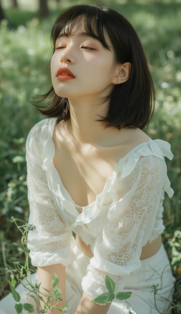  girl with short black hair and bangs. Solo girl, bangs, looking at viewer, brown hair, short hair, pigtails, small breasts, facing forward, no bra, top, facing away, eyes closed, sitting, white skirt, skirt, on the grass, open mouth, sitting on the grass, kneeling, looking up, looking over the open shoulders, realistic, high resolution 8k