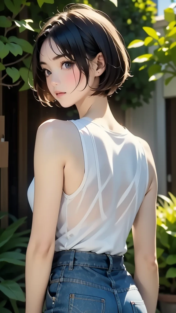 (((pixel-perfect, detail-perfect))), HDR, 4K, 1girl, solo, exposed back, looking at viewer, upper body, black hair, bob_hair, short-hair, short bob hair, (((bobcut) )), ((haircut:1.3)), undercut, bobbed hair, minibob, sidecut, buzz haircut, sidecut, side of head shaved, purple eyes, ((Shave his hair)), Short ear hair, graduation bob, (cowboy shot:1.5), straight short hair, buzzed nape, tank top, nike logo, ((Extremely precise and accurate anatomy:1.0)),Kind eyes,Graceful pose,(Beauty of form:1.4) Golden ratio, big eye,(nature's providence:1.4),