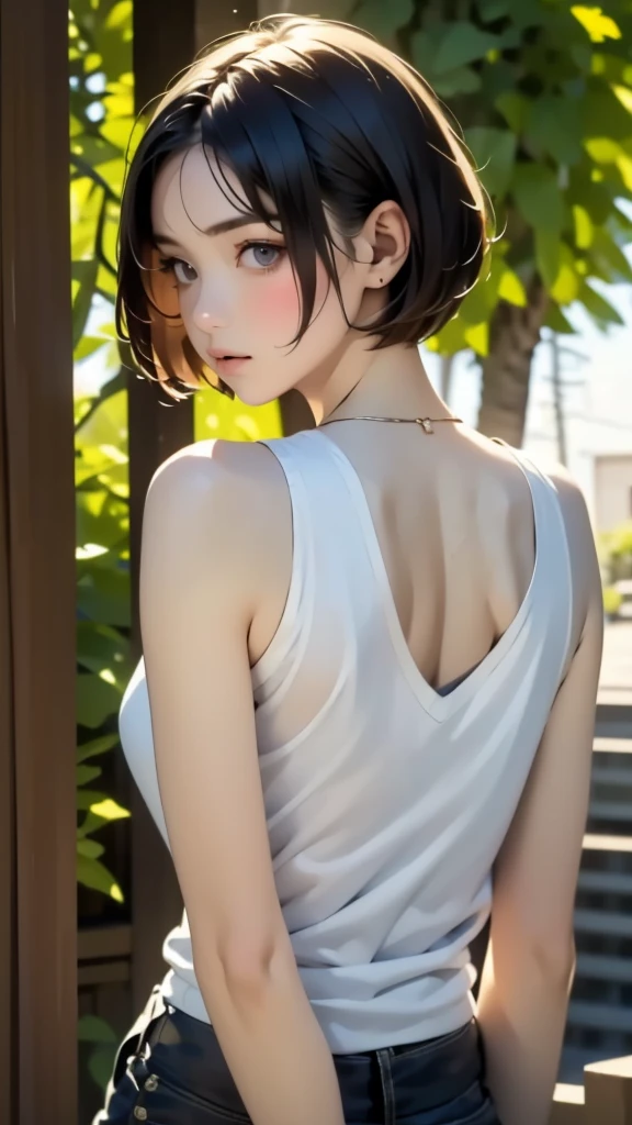 (((pixel-perfect, detail-perfect))), HDR, 4K, 1girl, solo, exposed back, looking at viewer, upper body, black hair, bob_hair, short-hair, short bob hair, (((bobcut) )), ((haircut:1.3)), undercut, bobbed hair, minibob, sidecut, buzz haircut, sidecut, side of head shaved, purple eyes, ((Shave his hair)), Short ear hair, graduation bob, (cowboy shot:1.5), straight short hair, buzzed nape, tank top, nike logo, ((Extremely precise and accurate anatomy:1.0)),Kind eyes,Graceful pose,(Beauty of form:1.4) Golden ratio, big eye,(nature's providence:1.4),