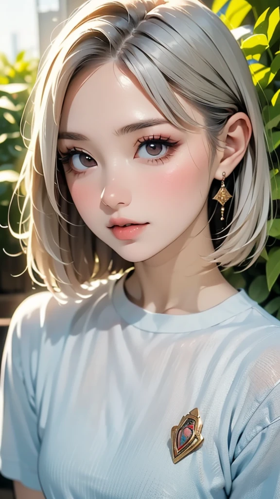 (highest quality, masterpiece), One girl, beautiful girl, Brown_eye, ((hair color [Silver hair], [Pixie cut with front hair] hair)), Earrings, lips, Short sleeve,Realistic, Tight waist, Charm, Colorful Makeup, Long eyelashes, Fair skin, (cute), (Detailed face), Detailed eye, Detailed iris,((Extremely precise and accurate anatomy:1.0)),Kind eyes,Graceful pose,(Beauty of form:1.4) Golden ratio, big eye,(nature's providence:1.4),