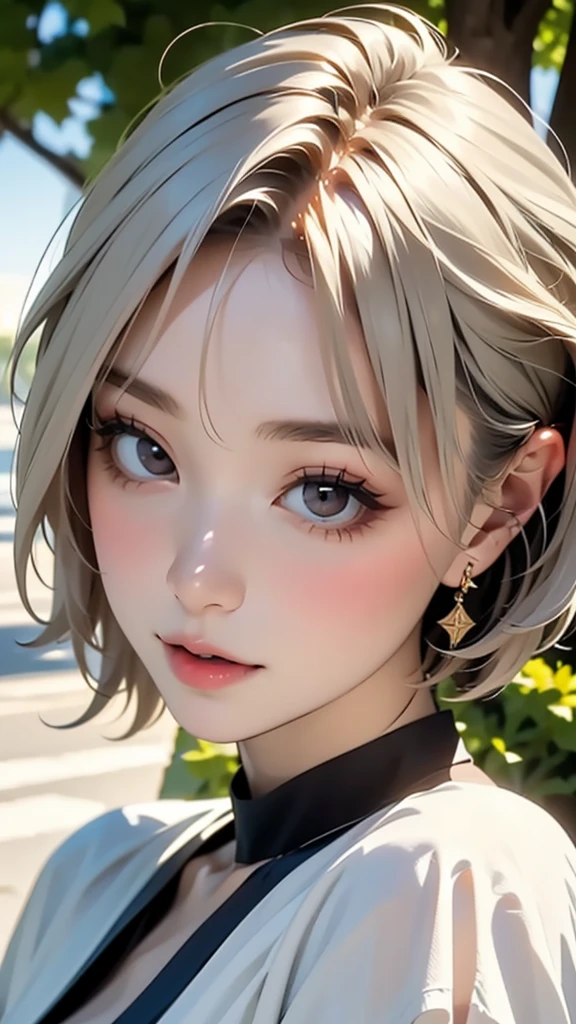 (highest quality, masterpiece), One girl, beautiful girl, Brown_eye, ((hair color [Silver hair], [Pixie cut with front hair] hair)), Earrings, lips, Short sleeve,Realistic, Tight waist, Charm, Colorful Makeup, Long eyelashes, Fair skin, (cute), (Detailed face), Detailed eye, Detailed iris,((Extremely precise and accurate anatomy:1.0)),Kind eyes,Graceful pose,(Beauty of form:1.4) Golden ratio, big eye,(nature's providence:1.4),