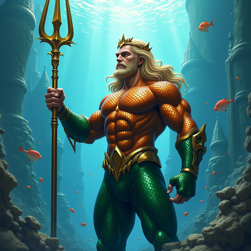 I need a muscular fish with a fish head (masculine) with a trident in his hand and an anchor at his feet