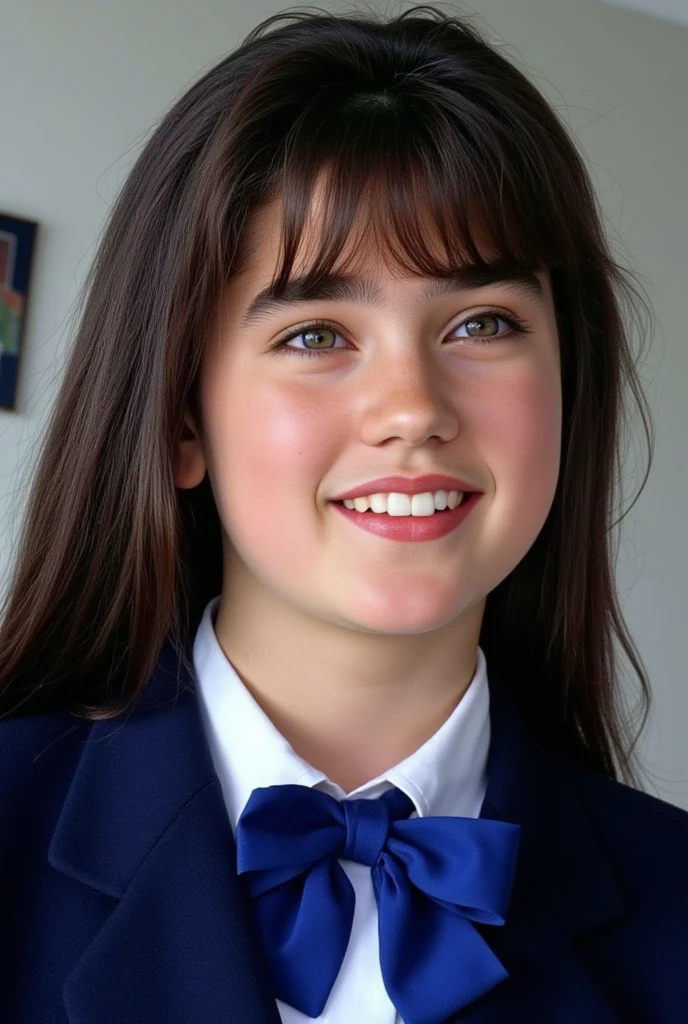 (very realistic photography),(masterpiece, best quality:1.3), 1girl, (alone),
((young Jennifer Connelly)),(at ),
from the top of her head to her waist,
she wear in tidy dark blue high school blazer uniform and immaculate shirt with blilliant blue bow tie.,
with cute face with plump cheeks,
wet eyes, 
scooped nose arched high with a turned-up tip,
no make up,
flawless healthy youthful fresh succulent fine smooth oily white skin,
with precocious female body with precociously large blreasts and broad wide shoulders, 
Jennifer Connelly's unique and beautiful face is recreated.,
a bit wet shiny long dark hair fluttering,
showing off forehead,
her bangs are raised,
smiling lovingly to someone,
She is in sunny room under with natural light illuminating on her face,