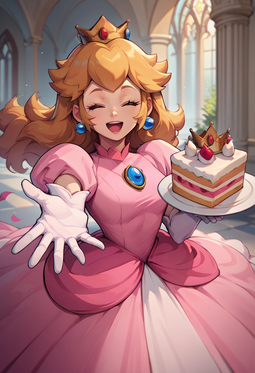 score_9, score_8_up, score_7_up, source_anime, 1girl, beckoning, reaching towards viewer, happy, open mouth, eyes closed, holding cake,  princess peach, pink dress, elbow gloves, crown,