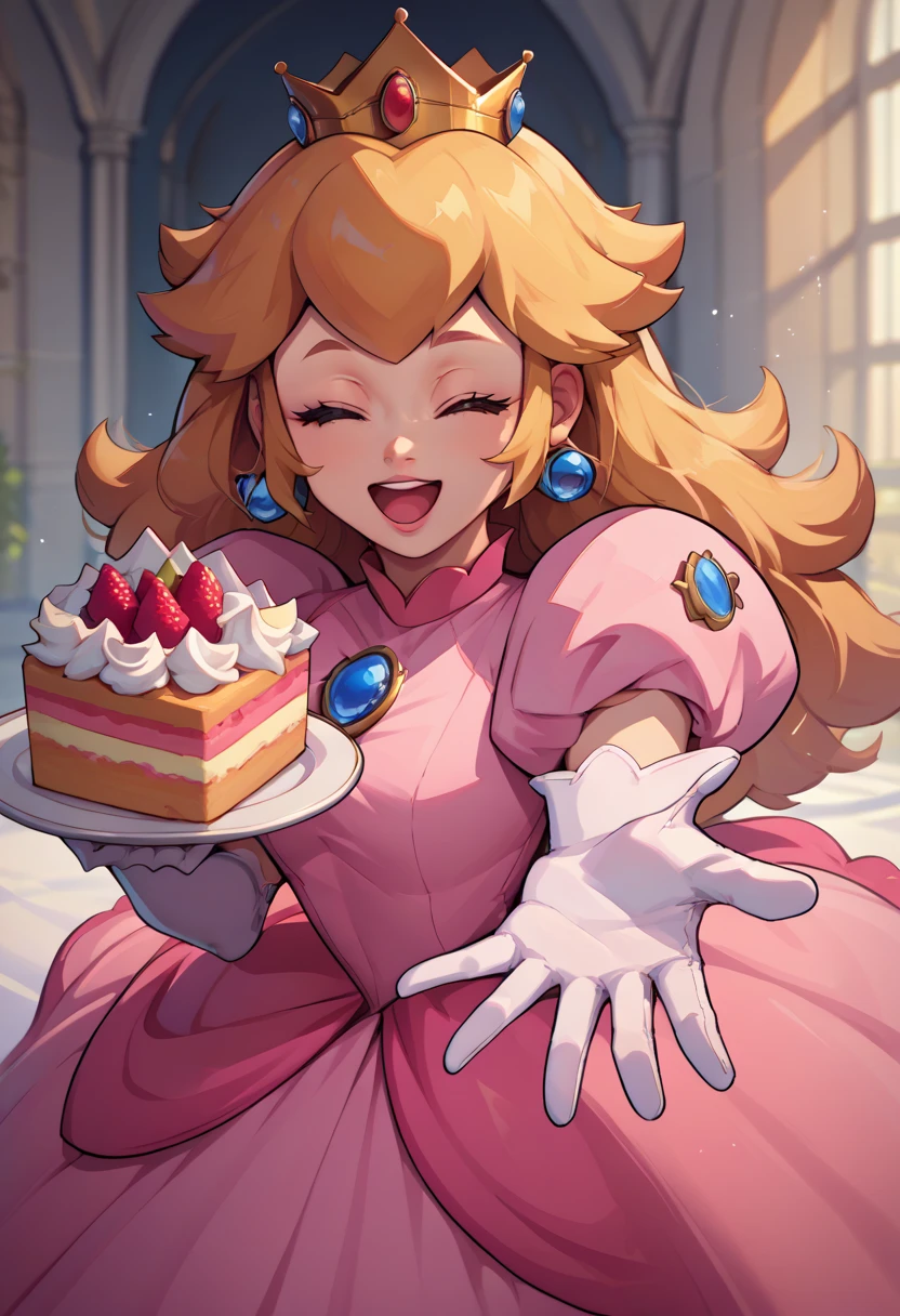 score_9, score_8_up, score_7_up, source_anime, 1girl, beckoning, reaching towards viewer, happy, open mouth, eyes closed, holding cake,  princess peach, pink dress, elbow gloves, crown,