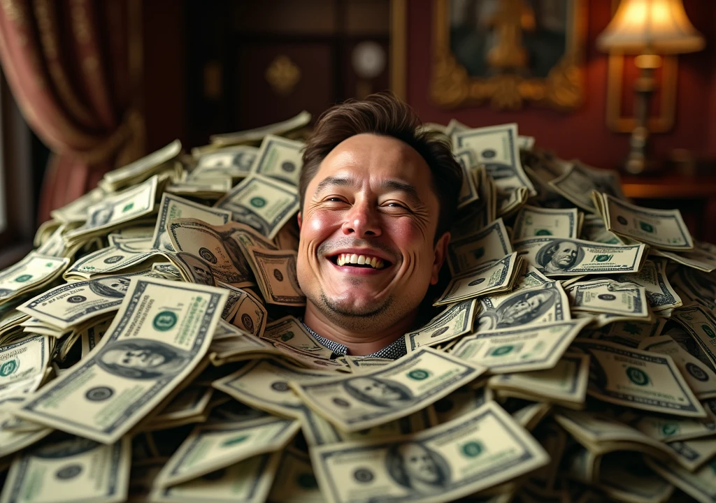 Elon Musk swimming with lots of money