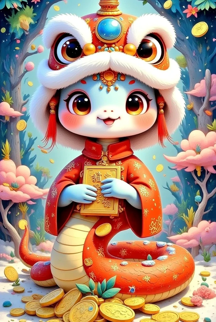  A painting，  There is a cute snake wearing a lion dancing hat in the flower , Cute and lovable，  Gold coins piled up  ，   There is a wallet on the front   ，
