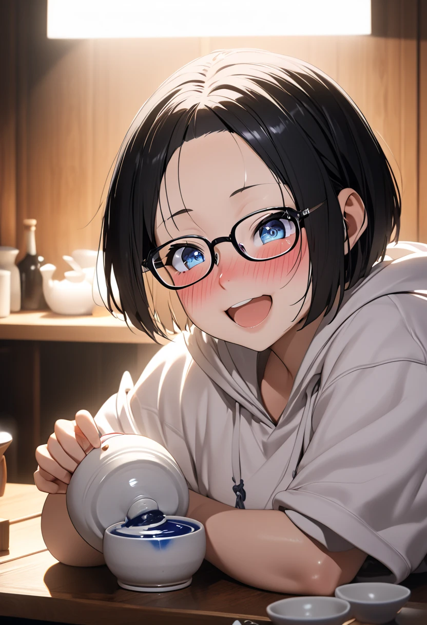 RAWphoto,photorealistic,8k16k,best quality,perfect anatomy,perfect detailed,ultra highres, extremely detailed eyes and face,gleaming skin,shiny skin,1girl,Japanese,black short hair,pixie cut, (wearing glasses:1.3),(parted bangs,forehead:1.2),round face,medium breasts,chubby,thick thigh,wearing large hoodie,oversize,little laughing,nose-blush,full-face blush,drunken eyes,drunk,drinking Japanese sake,(holding one little ceramic sake cup:1.1),sashimi on the dishes and Japanese sake bottle on the low dining table at home,cinematic lighting,dynamic lighting,depth of field,at night