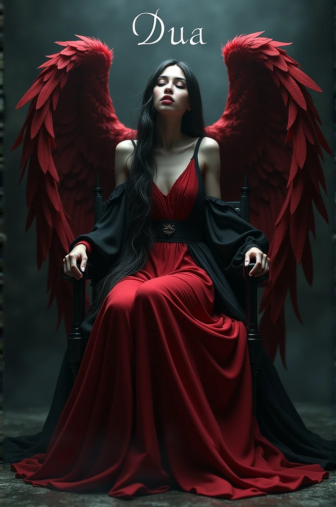 ((best quality)), absurdres, (ultra high res), a celestial being, (red gown), long sleeves, majestic prescence, wings, black wings, ((red hair)), very long hair, red eyes, gloves, barefoot, outdoors, moonlight, ruins, squatting, looking at viewer, perfect female body, extremely detailed, 8k, masterpiece, <lora:angel:0.77>