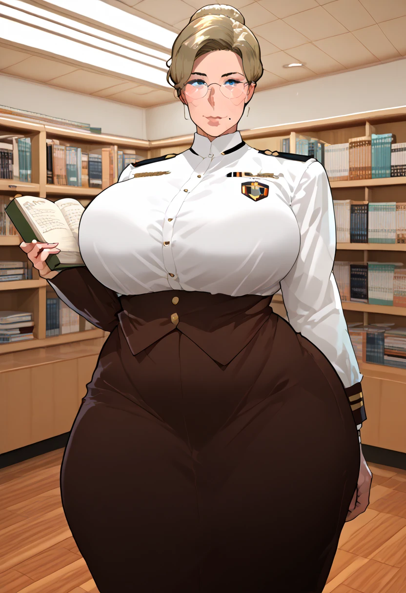 Female,milf,mature,glasses,hair bun,libarian uniform,gigantic ass,gigantic boobs,front view,holding book,holding task bar,mole on chin,library,