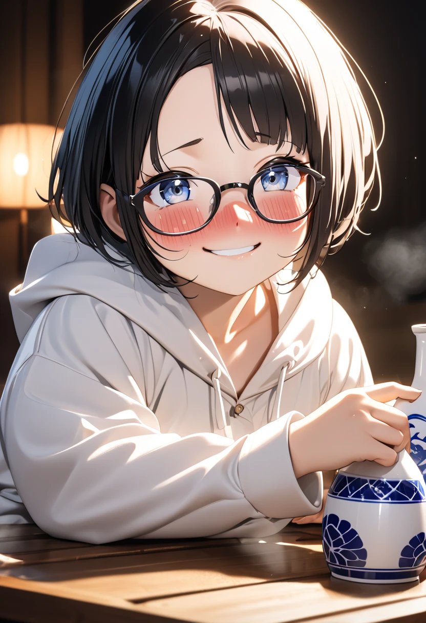 RAWphoto,photorealistic,8k16k,best quality,perfect anatomy,perfect detailed,ultra highres, extremely detailed eyes and face,gleaming skin,shiny skin,1girl,Japanese,black short hair,pixie cut, (wearing glasses:1.3),(parted bangs,forehead:1.2),round face,medium breasts,chubby,thick thigh,wearing large hoodie,oversize,little laughing,nose-blush,full-face blush,drunken eyes,drunk,drinking Japanese sake,(holding one little ceramic sake cup:1.1),sashimi on the dishes and Japanese sake bottle on the low dining table at home,cinematic lighting,dynamic lighting,depth of field,at night