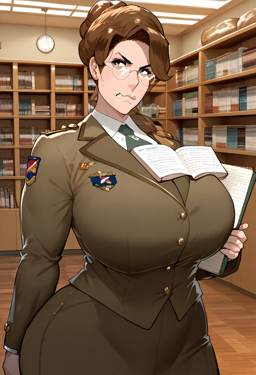 Female,milf,mature,glasses,hair bun,libarian uniform,gigantic ass,gigantic boobs,front view,holding book,holding task bar,mole on chin,library,small eyes,brown hair,((no bangs)),angry face,