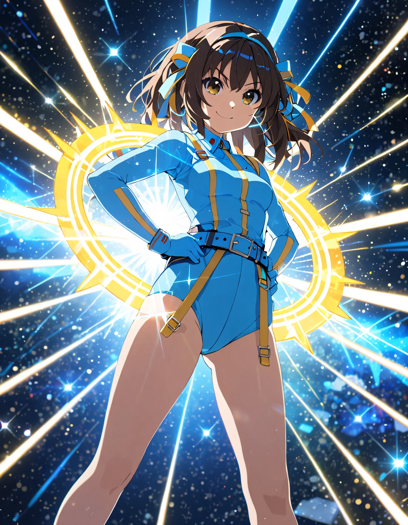 Masterpiece, best quality, high res, 8k, solo, solo focus, 1girl, suzumiya haruhi as a superhero, (blue leotard with white accents, blue briefs), (high waisted belt:1.4, tight belt:1.4), (bare legs:1.4), matching gloves, (matching boots, blue ankle boots:1.2), smile, standing straight, hands on hip, (her body glowing with a yellow aura:1.2), space background, diffraction spikes, light particles