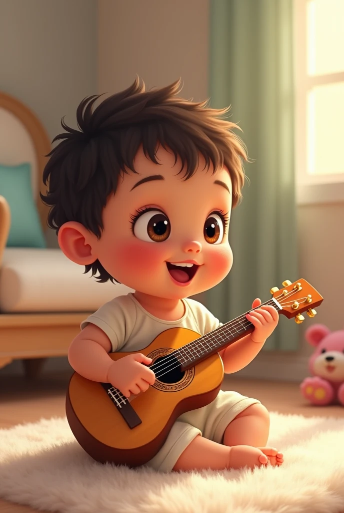One year old diapered baby holding a guitar in his hand,I only wear diapers, Moved and crying