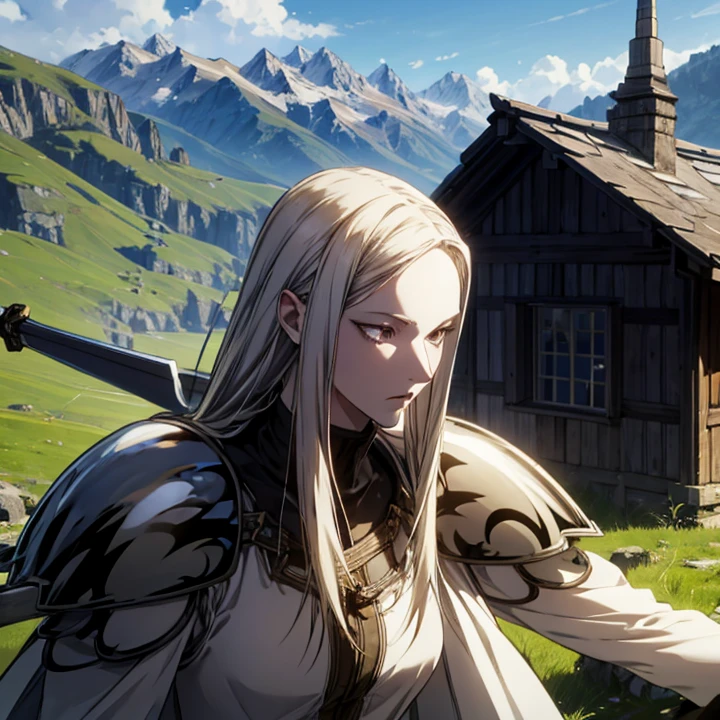    top quality,   Front View ,   A large sword in the right hand ,   Cold Eyes,(1 person),        Details,    (whole body),   blonde hair  , Silver Eyes, Silence,((Overlooking)),  Mountain hut, grassland,intellectual