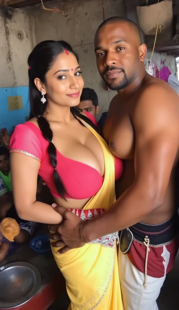 Sexy couple, hot indian woman with simple small black bindhi white skin, long single plaited black hairstyle, big perfect breast, big ass, slim thick perfect body, woman wearing saree and blouse, dark skin black indian fat rugged man(ronnie coleman) with short bald hairstyle and big moustache, fat rugged body, black skin indian rugged man wearing shirt unbuttoned, underwear, in slum indian house, perfect view, full body view, man and woman looking at camera, full clothed, Accurate, Anatomically Correct, High Details, High Quality, couple dancing 