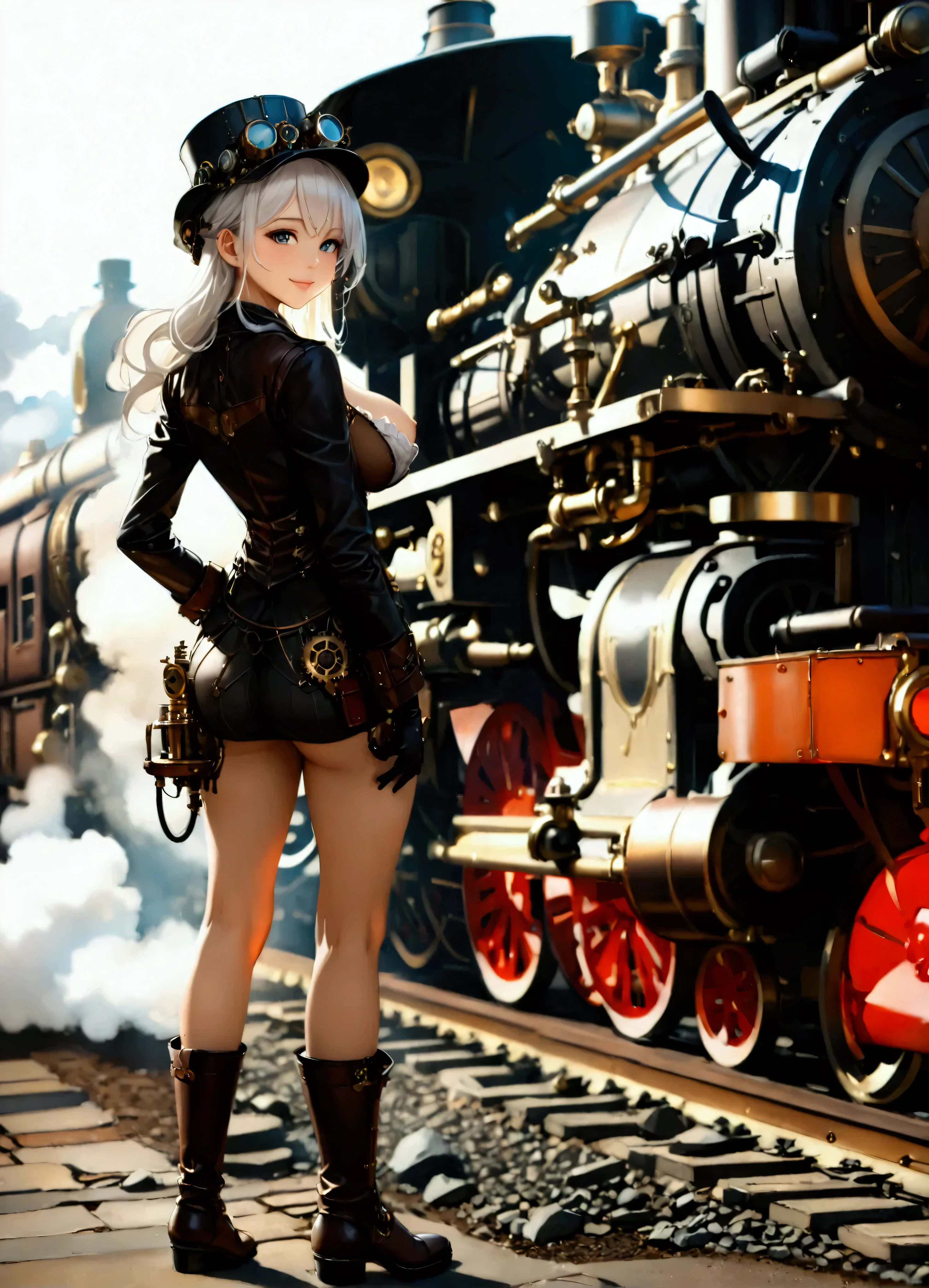 ((  masterpiece  ,  top quality,  Max Image,  high definition )), ((Highly detailed CG composite 8K wallpaper)), ((full body shot)), (Steampunk style:1.3)、  young beautiful girl , doing maintenance work、 ((large breasts:1.2), (huge breasts:1.2), (Uplifted and well-defined bust:1.2), (lifted chest:1.2), (perky breasts :1.2),(deep cleavage:1.4), sexy long legs, brown leather jacket, Chest without clothes 、leather long boots,  mechanic helmet, Dreamy, smile, white hair , standing next to a big mechanical locomobile, Steam is gushing out from a steam locomotive