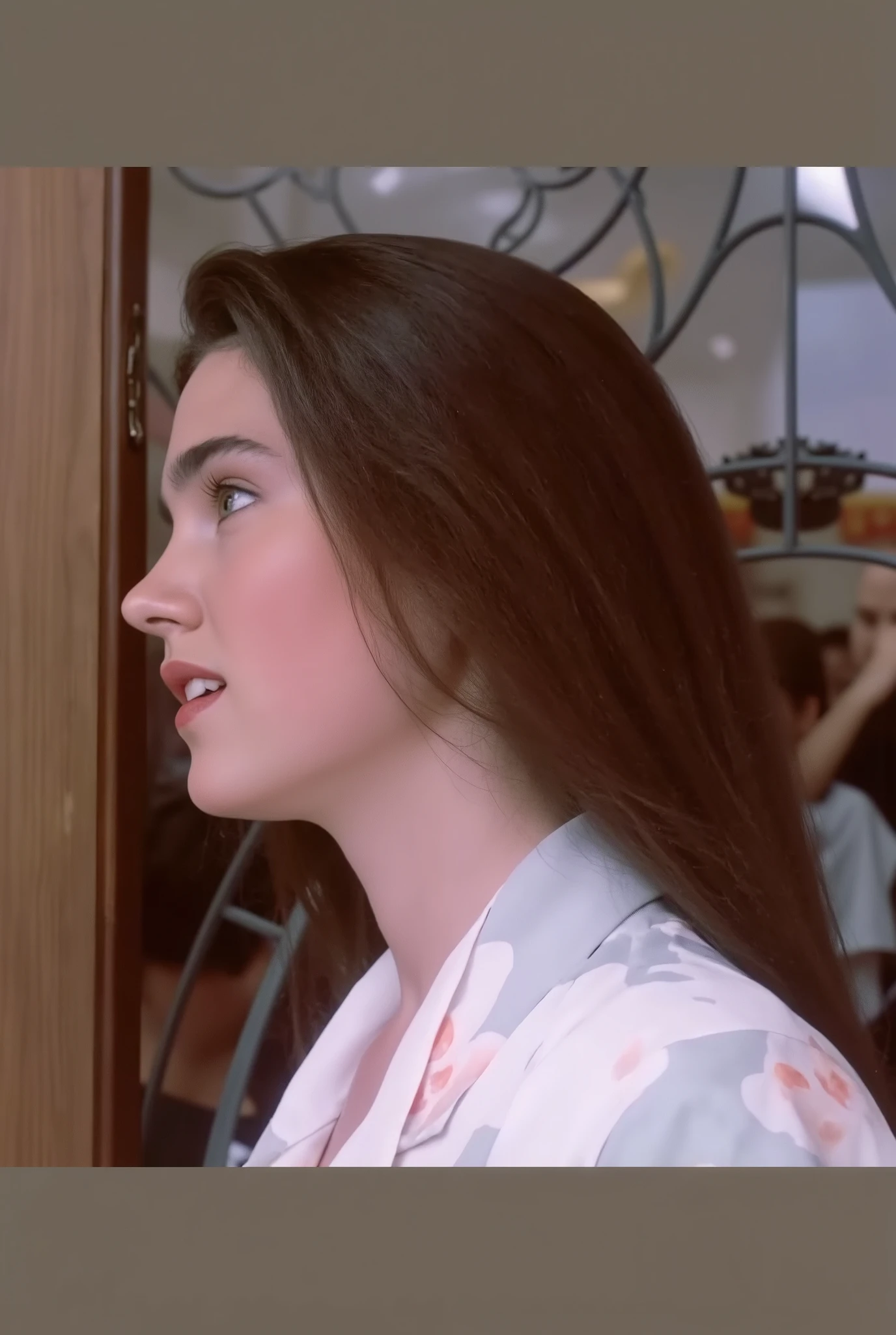 (very realistic photography),(masterpiece, best quality:1.3), 1girl, (alone), from just her side, her beautiful profile,
((young Jennifer Connelly)),(at ),
from the top of her head to her waist,
she wear in tidy dark blue high school blazer uniform and immaculate shirt with blilliant blue bow tie.,
with cute face with plump cheeks,
wet eyes,
scooped nose arched high with a turned-up tip,
no make up,
flawless healthy youthful fresh succulent fine smooth oily white skin,
with precocious female body with precociously large blreasts and broad wide shoulders,
Jennifer Connelly's unique and beautiful face is recreated.,
a bit wet shiny long dark hair fluttering,
showing off forehead,
her bangs are raised,
smiling lovingly to someone,
She is in sunny room under with natural light illuminating on her face,