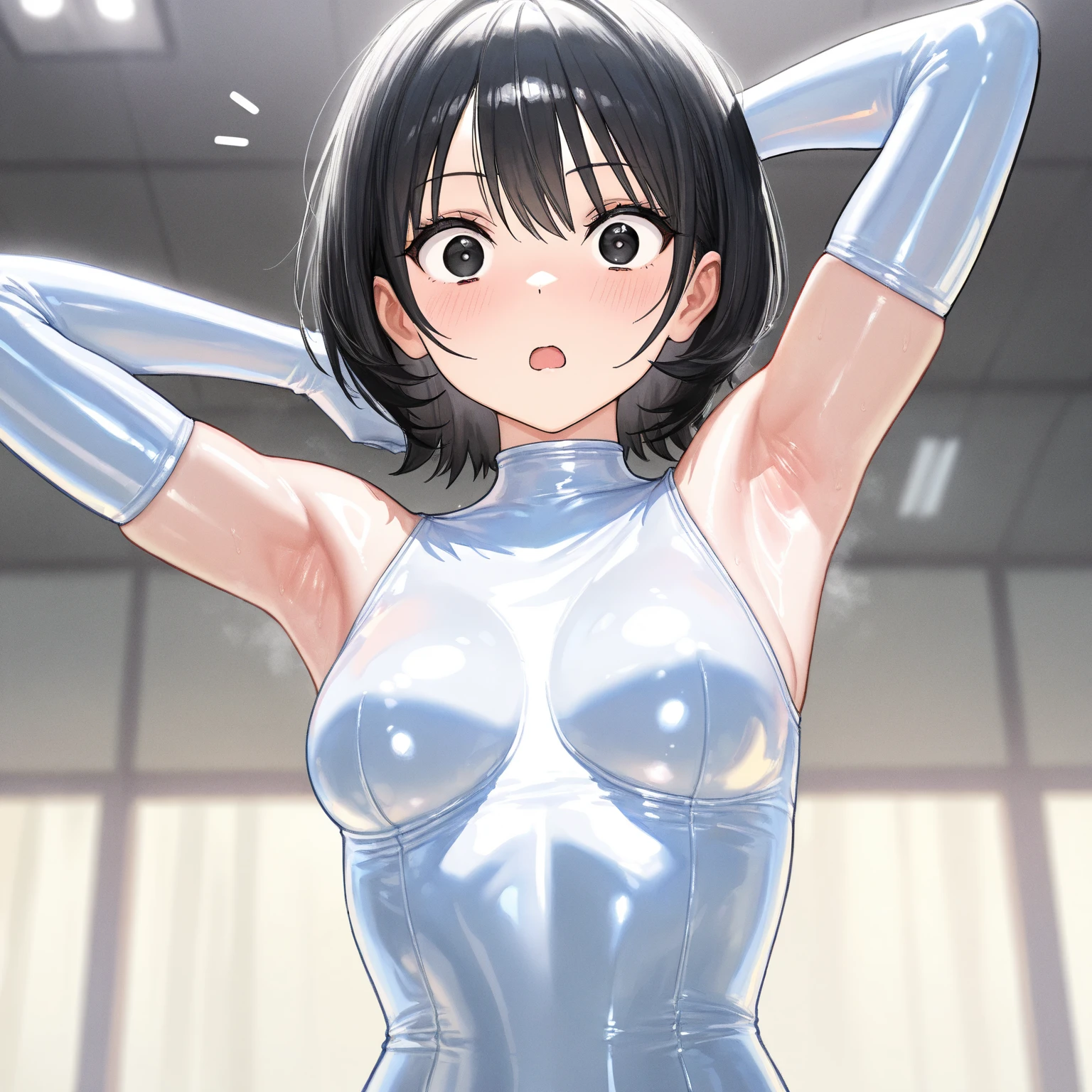 (masterpiece, best quality:1.2), solo, 1girl ,mitsuki_nase, black hair, long hair, red eyes, brown eyes, (shiny skin, wet skin:1.2), sweating, seductive smile, looking at viewer,standing ,armpits,arm up,bodysuit, headgear, plugsuit, white bodysuit, afternoon, classroom,NSFW,official art,extremely detailed CG unity 8k wallpaper, perfect lighting, (masterpiece:1.0),(best_quality:1.0), ultra high res,4K,ultra-detailed, photography, 8K, HDR, highres, absurdres:1.2, Kodak portra 400, film grain, blurry background, bokeh:1.2, lens flare, (vibrant_color:1.2),(beautiful_face:1.5),(narrow_waist),(perfect hands, perfect anatomy),