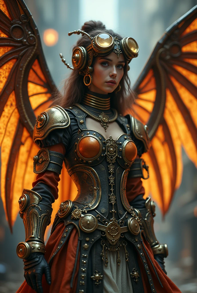 Steampunk mechanical girl adventurer ， Intricate gears and machinery ，Goggles，intricate brass armor , Gorgeous decoration， wears elegant victorian costume, Mechanical wings,  Dramatic Lighting ,  glowing instruments and dials， melancholy atmosphere ，Complex buildings，adventure scene， Epic Scenery ， movie lighting，Immersive scene ， Realistic pictures ，Movie-like， Dramatic Lighting ， bright colors ，masterpiece， dynamic posture