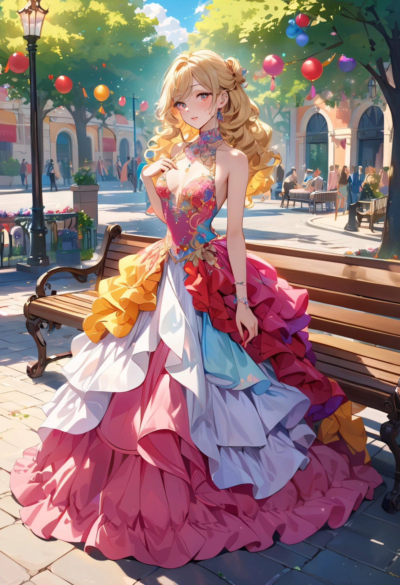 beautiful colors, bright colors, rich colors ,  girl ,  blond hair , whole body, The beautiful , Beautiful curl , decorations,  Light Makeup ,  background street , beautiful colors,  benches , trees, Clouds ,  Sunny,  ballroom outfit is as detailed as possible, 8 k,  masterpiece fails,  complex ,  best quality ,  perfect anatomy ,