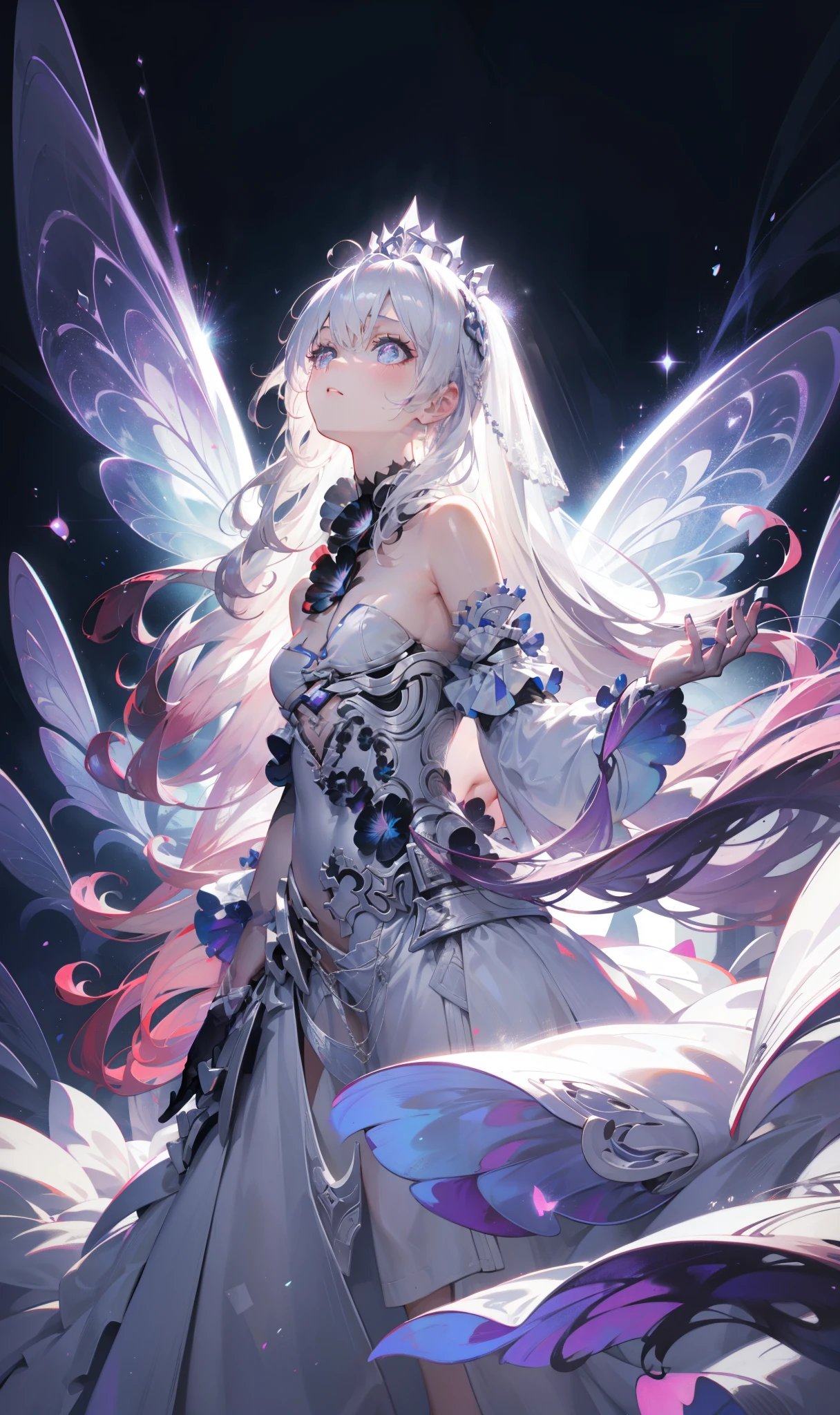 anime Fairy magic City monochrome romantic Calm Retro Style Elegant and detailed feather design Vintage Dresses accessories Light effects Gothic goddess Silver Hair