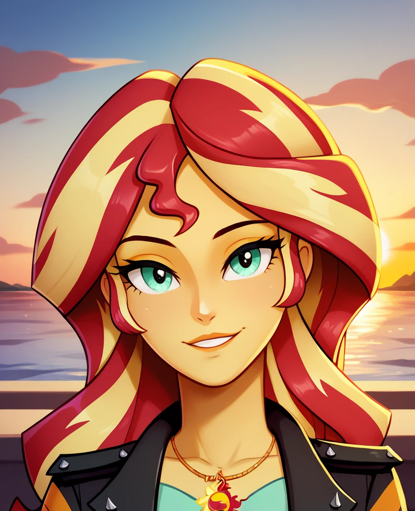 Sunset Shimmer, Equestria Girls, looking at the viewer with half of the faces, Sunset, Oceanfront, by the wide, pretty eyes, beautiful face, half body