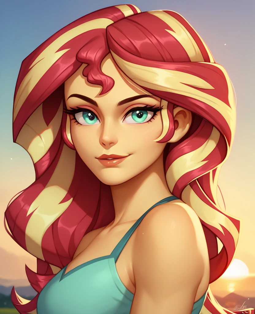 Sunset Shimmer, Equestria Girls, looking at the viewer with half of the faces, Sunset, Oceanfront, by the wide, pretty eyes, beautiful face, half body