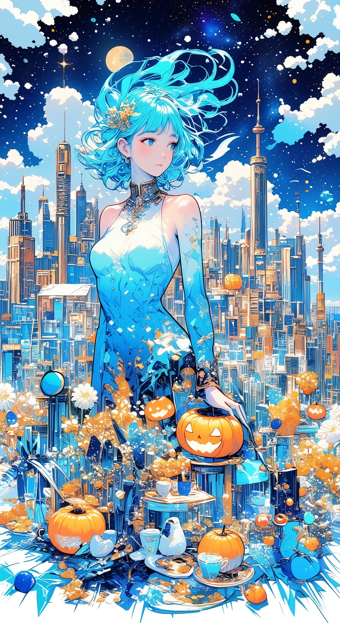 Illustration with nile blue as the main color, Universe, Variety of illustration, City Scenery, Happy Holiday, Vanilla scent, Nation, Jack-o'-Lantern, Holiday illustration, sky blue illustration, egyptian blue illustration, Lots of herbs, Tea, Upper body, beauty painting, Lovely painting, smoke blue illustration, sapphire blue illustration