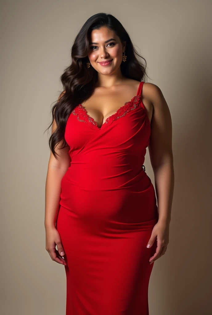 Milf 40 years old big tits in short, low-cut red dress with high heels