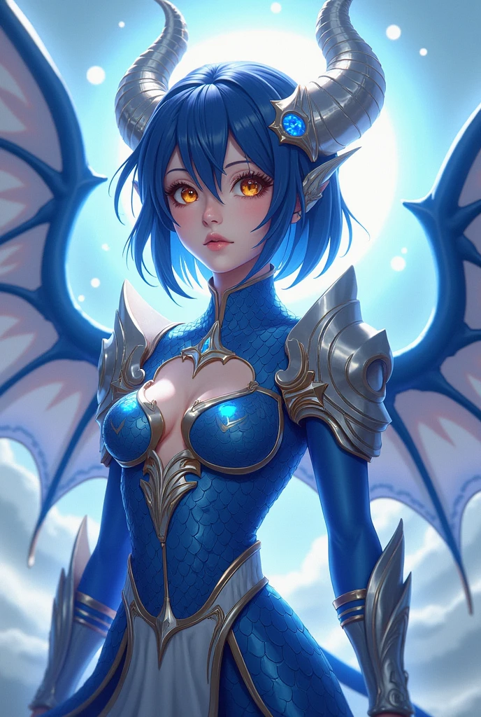 score_9, score_8_up, score_7_up, source_anime, rating_questionable, 1girl, (solo:1.1),
breasts, cowboy shot, looking at viewer, blush, smile, short hair, blue eyes, large breasts, simple background, dress, cleavage, hair between eyes, closed mouth, blue hair, tail, wings, horns, pointy ears, white dress, clothing cutout, blue background, cleavage cutout, monster girl, slit pupils, dragon horns, dragon girl, dragon tail, blue scales, dragon wings, navel, teeth, tongue