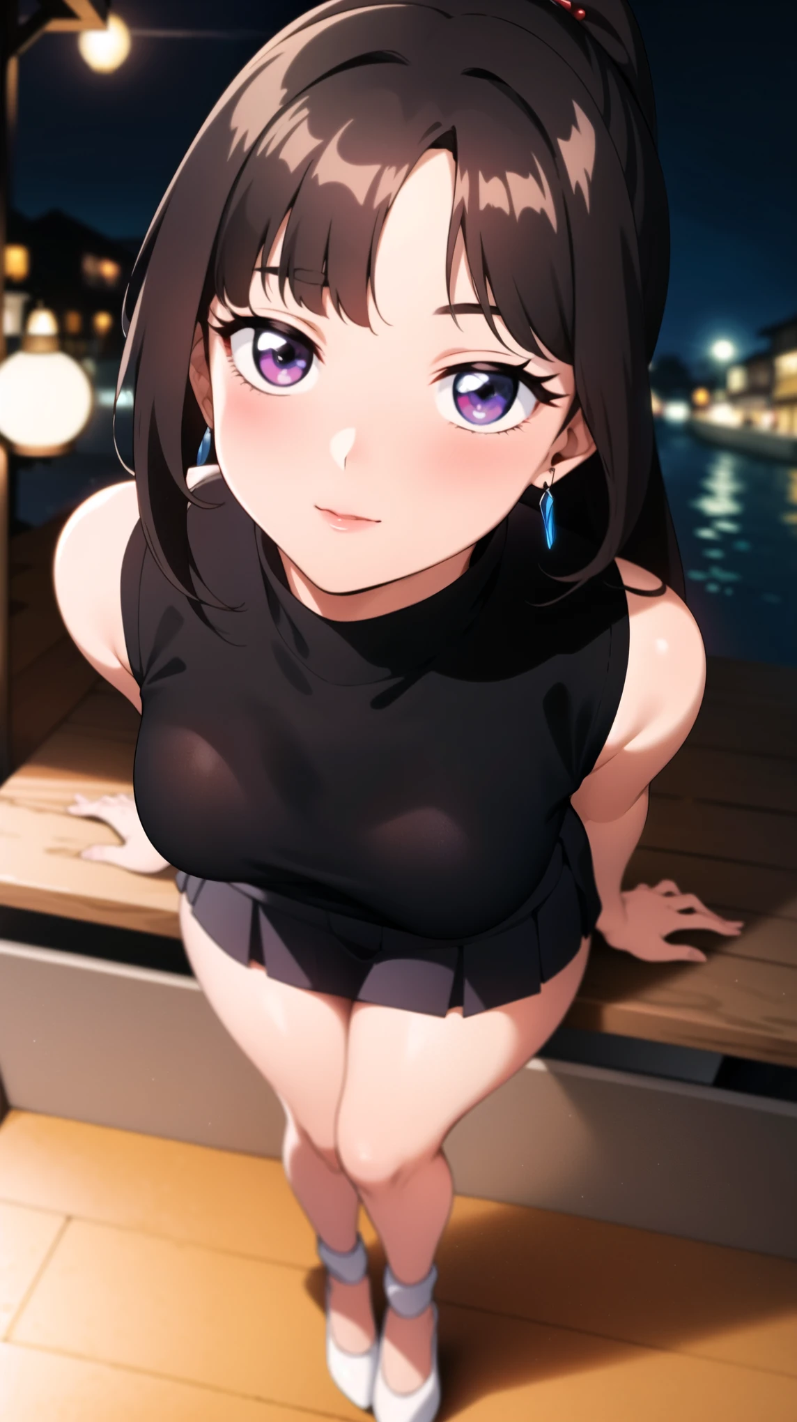 romantic date to the seaside, full moon background, lady in love, unsure, diffident, timid, shy, coy, full body, portrait,white mono turtleneck sweater vest, long black tight skirt, hair clip, hair ornament, red eyes:1.5, red pupils:2.0, red lips:1.2, straight cut bangs, brunette hair, black hair, long hair, ponytail, bottom ponytail, 1 girl, 18yo, young female, cute girl, blush:1.5, slim body, curvy body, beautiful finger, Beautiful long legs, Beautiful body, Beautiful Nose, Beautiful character design, perfect eyes, perfect face, expressive eyes, perfect balance, looking at viewer,(Focus on her face),closed mouth, (innocent big eyes:1.0),(Light Smile:0.3),official art, extremely detailed CG unity 8k wallpaper, perfect lighting, Colorful, Bright Front face Lighting, White skin,(masterpiece:1.0),(best quality:1.0), ultra high res,4K,ultra-detailed,photography, 8K, HDR, high-res, absurdres:1.2, Kodak portra 400, film grain, blurry background, bokeh:1.2, lens flare, (vibrant color:1.2),professional photograph,(beautiful , beautiful breasts, perfect breasts, natural breasts:1.0), (beautiful face:1.5),(narrow waist),