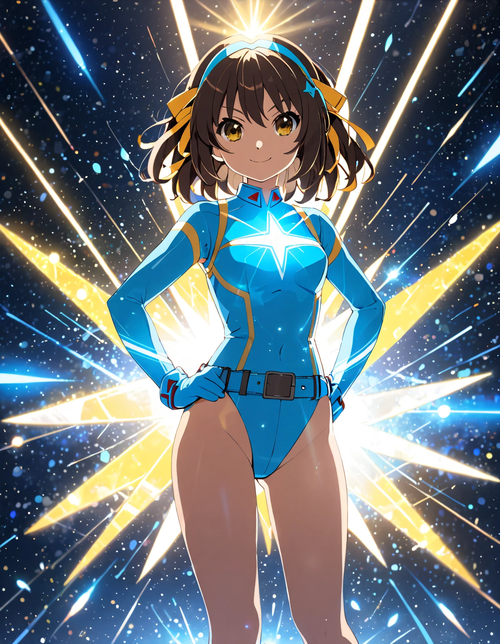 Masterpiece, best quality, high res, 8k, solo, solo focus, 1girl, suzumiya haruhi as a superhero, (blue highleg leotard with white accents), (high waisted belt:1.4), (bare legs:1.4), matching gloves, (matching boots, blue ankle boots:1.2), smile, standing straight, hands on hip, (her body glowing with a yellow aura:1.2), space background, diffraction spikes, light particles