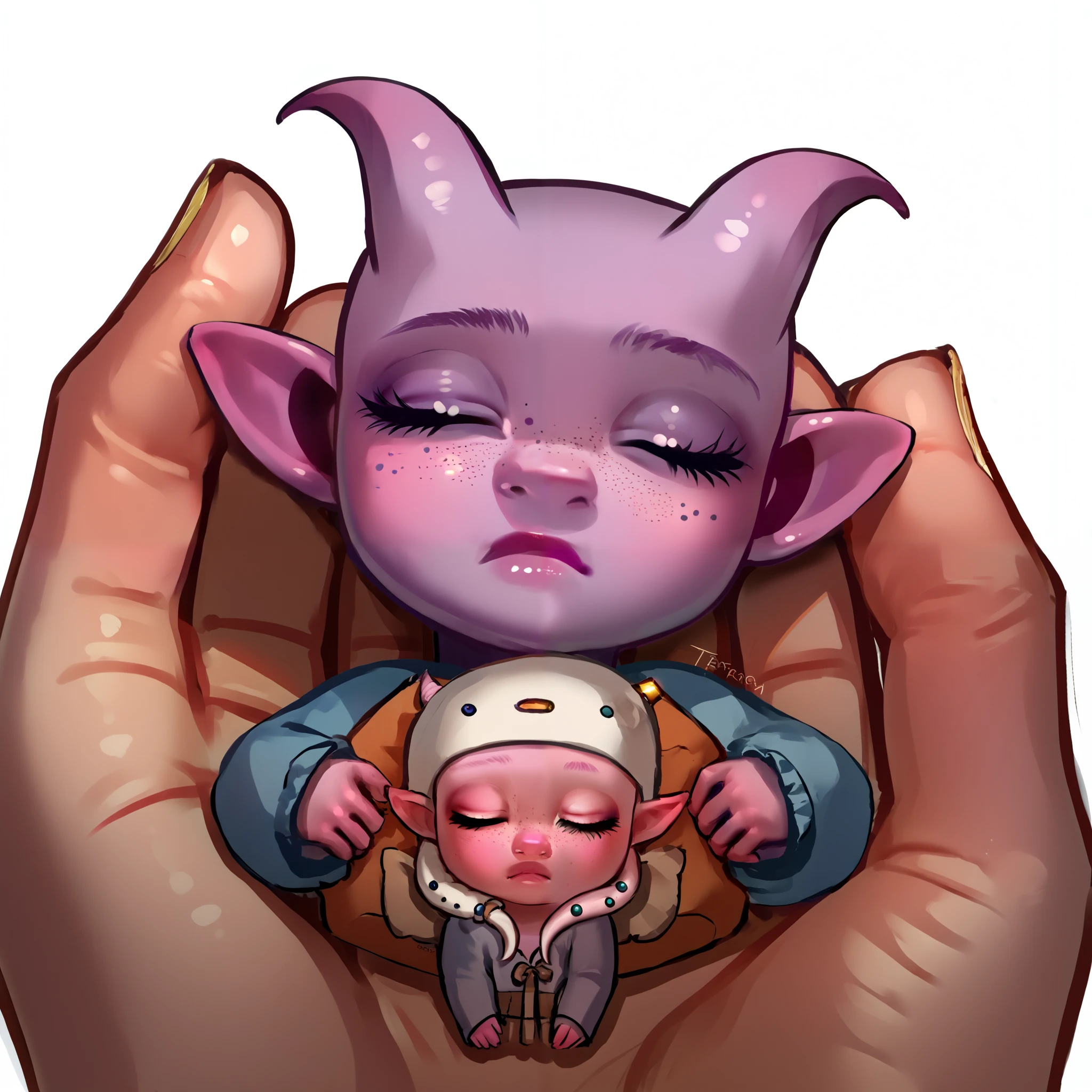 score_9, score_8_up, score_7_up, score_6_up, sw4p, a cute Tiefling newborn, pov extreme from above,  tiny tiefling, 1 yo, soft sleeping expression, closed eyes, freckles, sleeping in a simple white background, tiny tiefling horns, tiefling tail, baby features, bald baby, detailed little hands and feet, puririkaaa style, baby concept, source_pony, source_cartoon