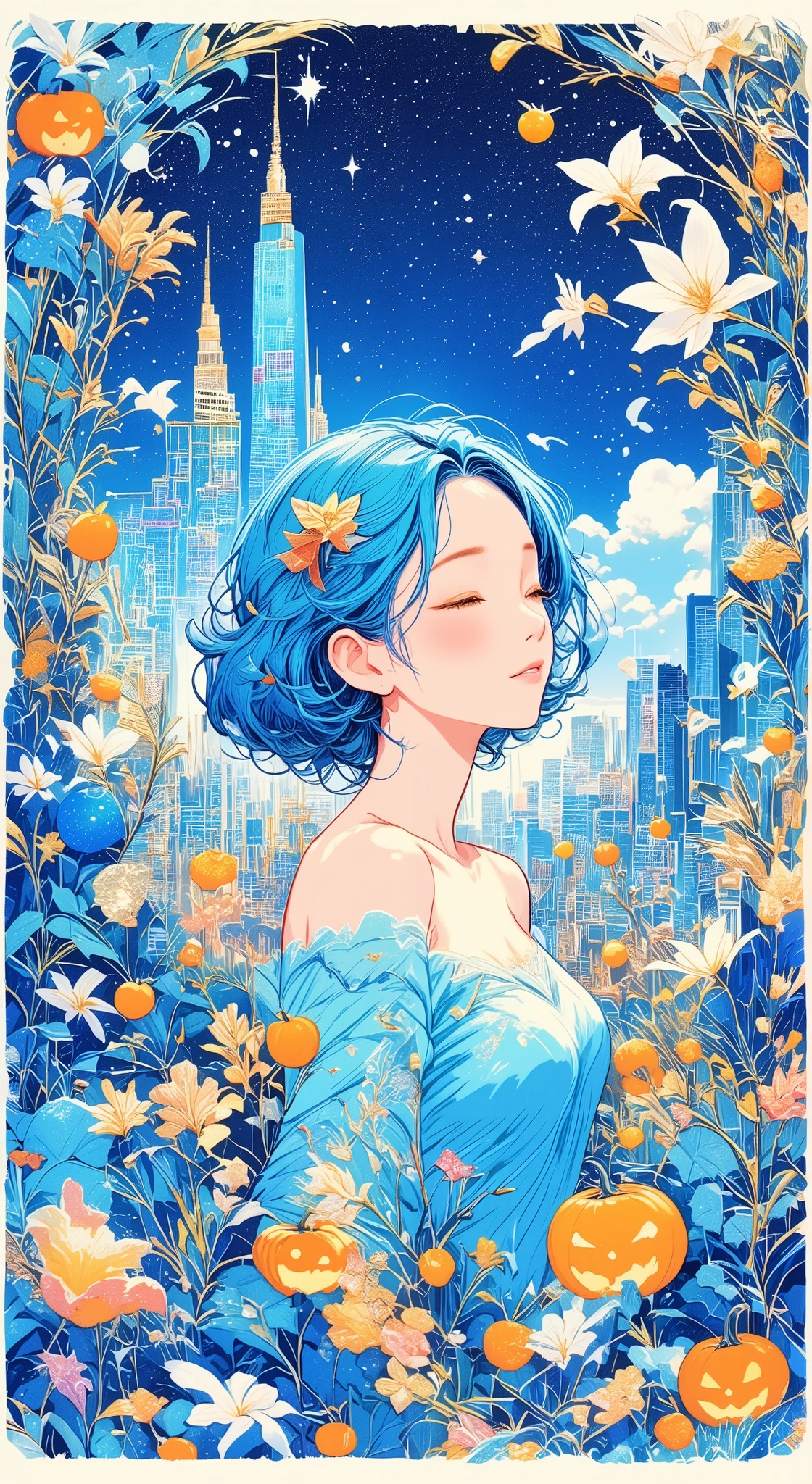 Illustration with nile blue as the main color, Universe, Variety of illustration, City Scenery, Happy Holiday, Vanilla scent, Nation, Jack-o'-Lantern, Holiday illustration, sky blue illustration, egyptian blue illustration, Lots of herbs, Tea, Upper body, beauty painting, Lovely painting, smoke blue illustration, sapphire blue illustration