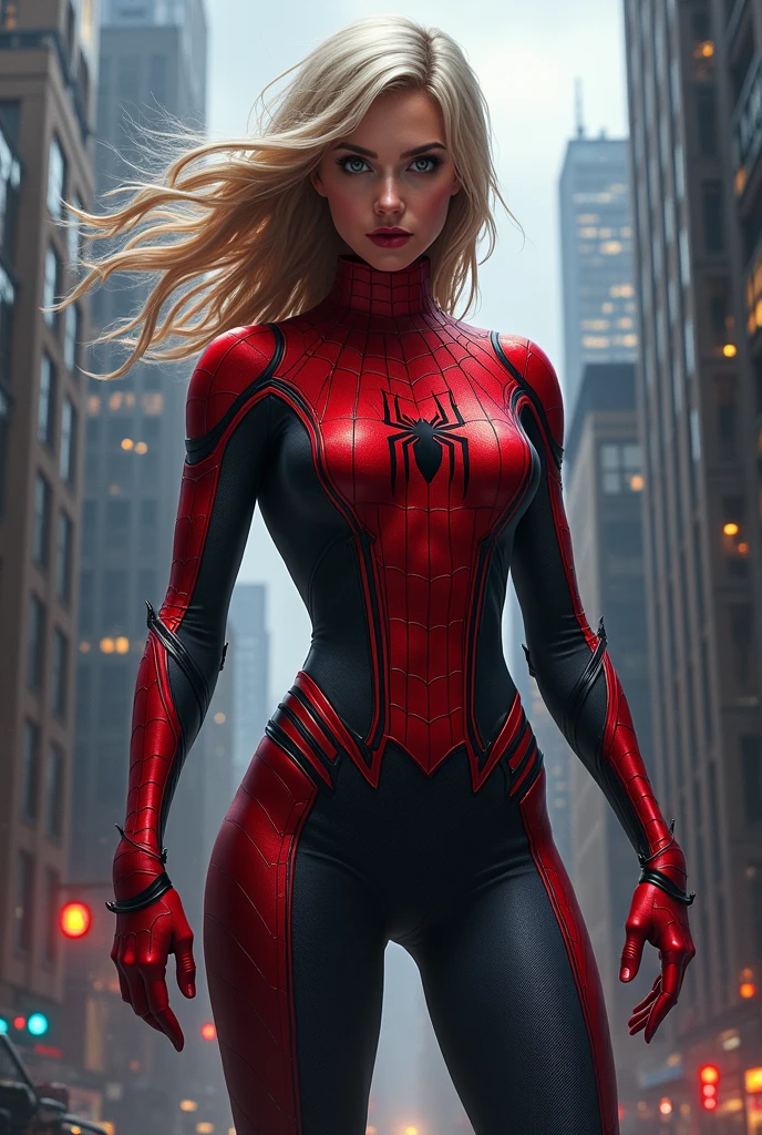 ((three-quarter body photo)), ((high ponytail)), (RAW, analogue, Nikon Z 14mm ultra wide angle lens, award-winning glamor photography, ((best quality)), (masterpiece), ((realistic)), skin pores, subsurface scattering, radiant light rays, high resolution, detailed facial features, high detail, sharp focus, soft, aesthetic, extremely detailed (extremely detailed eyes, extremely detailed iris), extremely detailed hair, extremely detailed skin, extremely detailed clothing, octane rendering, photorealistic, realistic, post-processing, maximum detail, realistic shadows, roughness, natural skin texture, real life, ultra-realistic, photorealism, photography, 8k UHD, photography, hdr, intricate, elegant, highly detailed, sharp focus, stunning, beautiful, magnificent, detailed and Beautiful and realistic 22 year old girl as Marvel's Spiderman, makeup, soft red painted lips, (blonde), Realistic Skin, Photorealistic, Realistic, Cinematic Shot (Extremely Detailed CG Unity 8k Wallpaper), Trending on ArtStation, Trending on CGSociety, High Detail, Sharp Focus, Blurred Background, Beautiful, Full Shot, High Quality, (Beautiful Face ), (detailed eyes), detailed hands, beautiful hands, good lighting, full body.