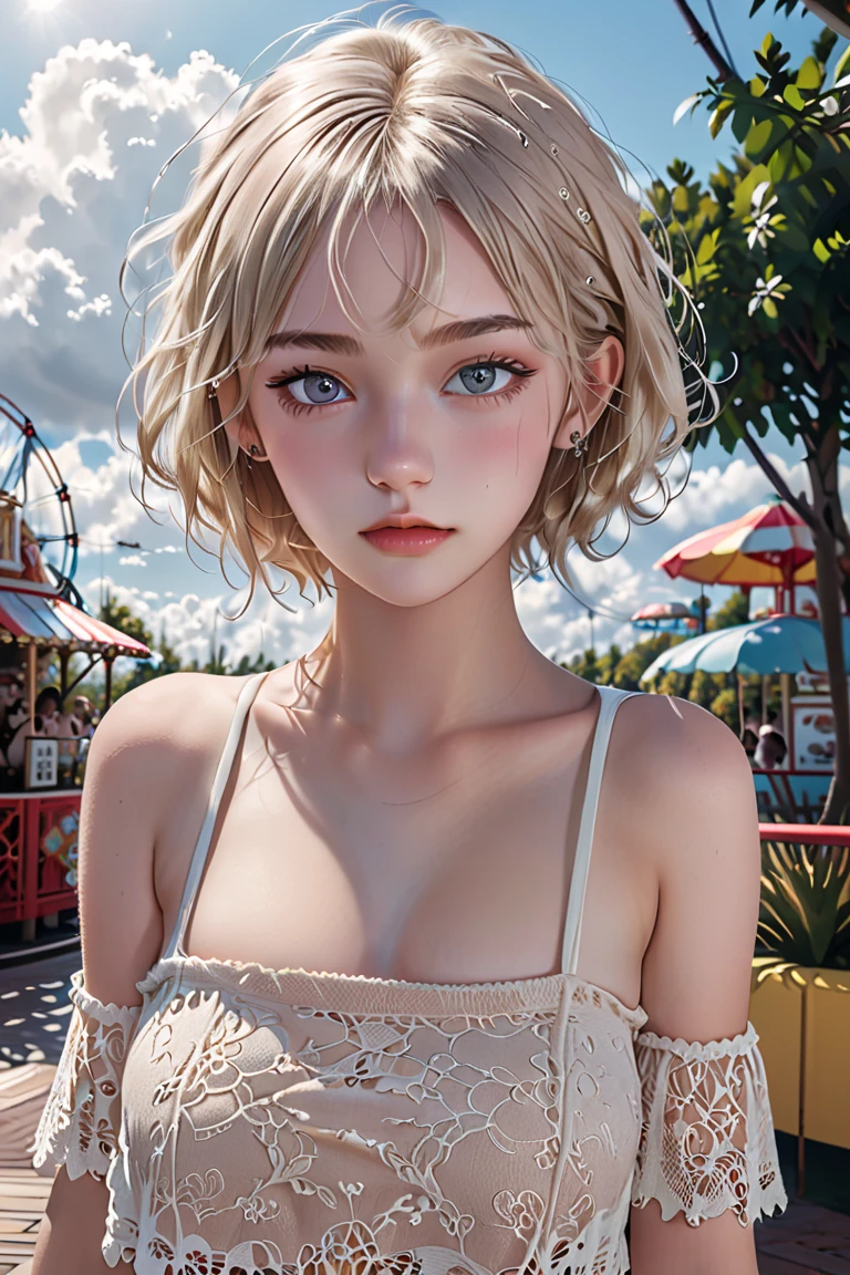 A Caucasian teenage model of rare beauty, lightly tanned white skin, short blond hair with a bob cut, small breasts, distracted blue eyes, delicate and long hands. She is wearing a loose white mini-top, a young and loose-fitting; a wavy crochet mini-skirt in mocha mousse with coffee geometric patterns. She passed by an amusement park with a modern roller coaster in the background. Vanilla blue sky, backlit sun, cumulonimbus cloud. 
Color photography (primary colors)Camera Canon EOS R6 Mark II, 55 mm, ISO 100,400, 4K